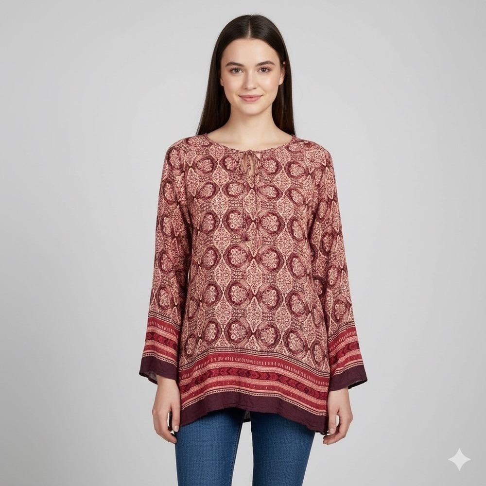 Artisan NY Womens Size 1X Tunic Top Pink Burgundy Paisley Shirt Boho Tassels